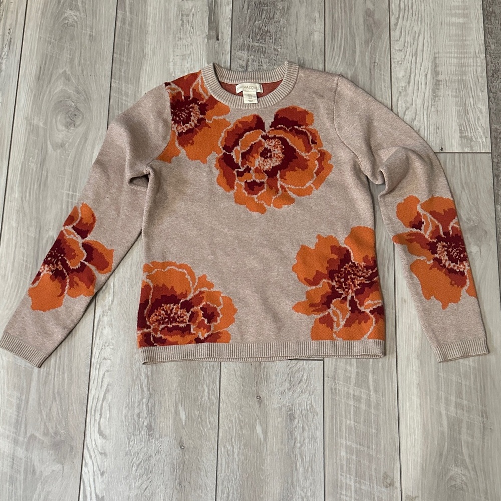 Women’s Crewneck Floral Jacquard Sweater - Tan with Orange Blooms